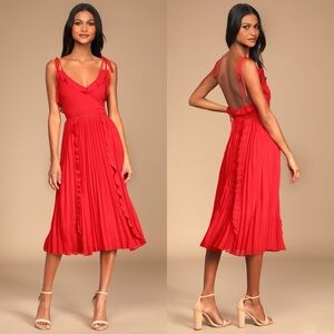 Lulus | Never a Dull Moment Bright Red Tie-Strap Pleated Midi Dress